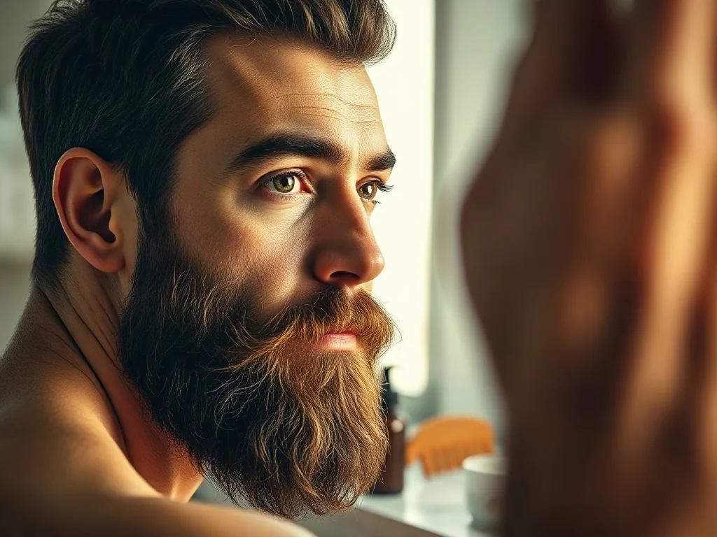 Zadbany mężczyzna przegląda się w lustrze, prezentując gęstą, wypielęgnowaną brodę w otoczeniu akcesoriów do jej stylizacji.