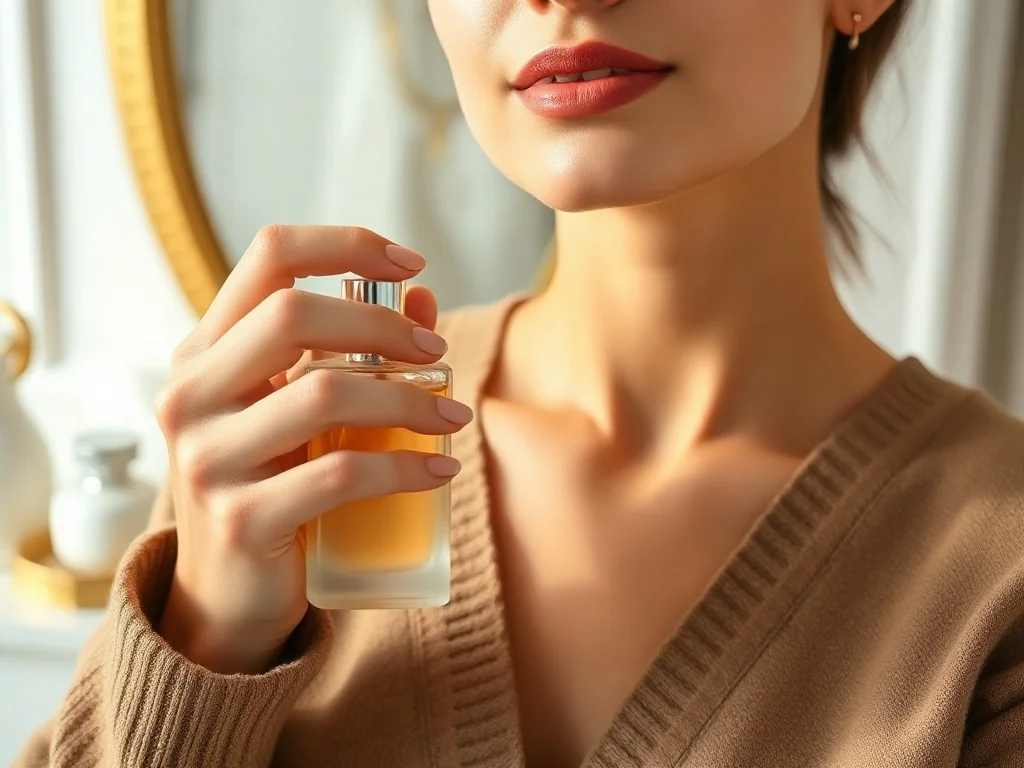 Kobieta aplikuje perfumy na szyję i nadgarstki w jasnym, eleganckim wnętrzu, co pomaga utrzymać zapach na dłużej.