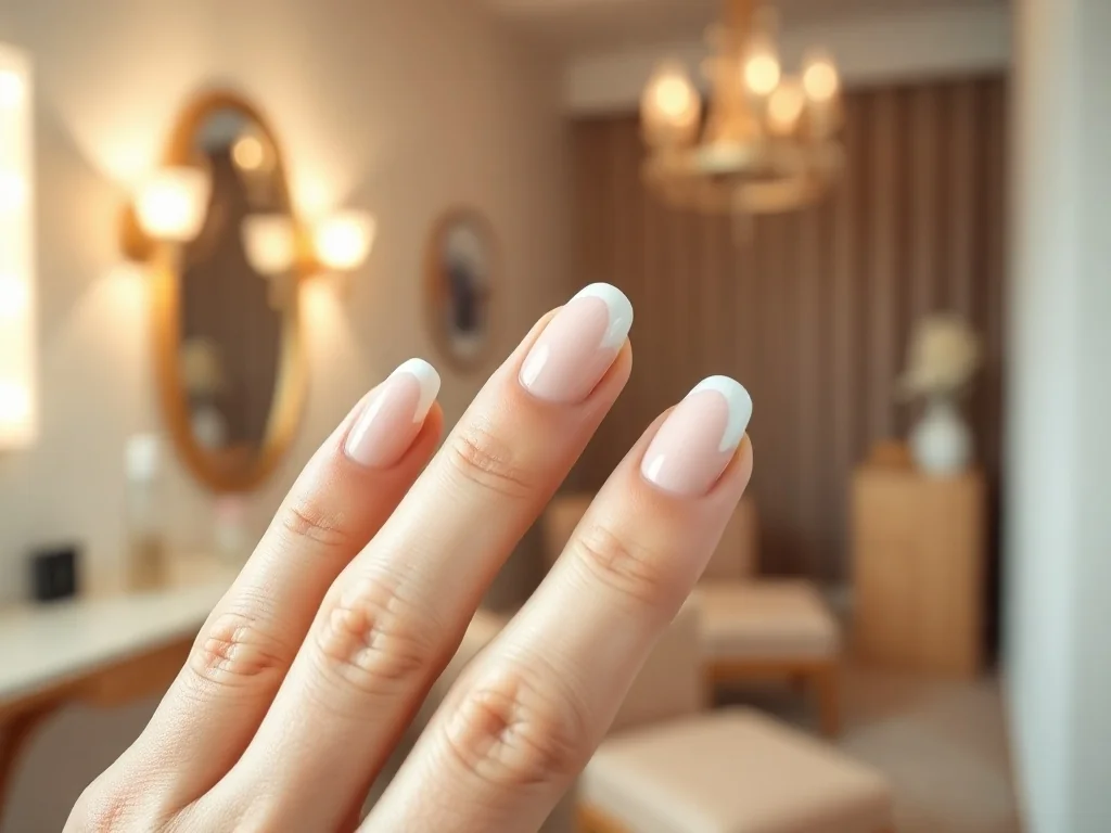 Dłonie z profesjonalnie wykonanym manicure typu babyboomer z płynnym przejściem bieli w róż.