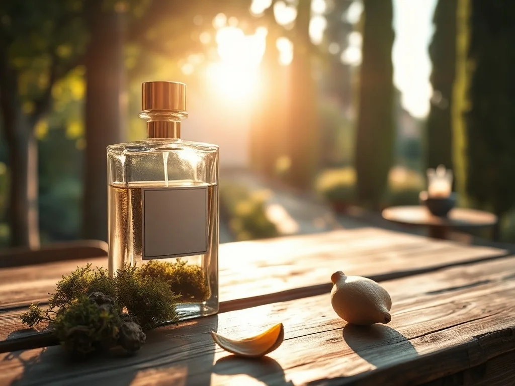 Elegancki flakon perfum na drewnianym stole w otoczeniu mchu, kory dębu i bergamotki, nawiązujący do nut szyprowych.