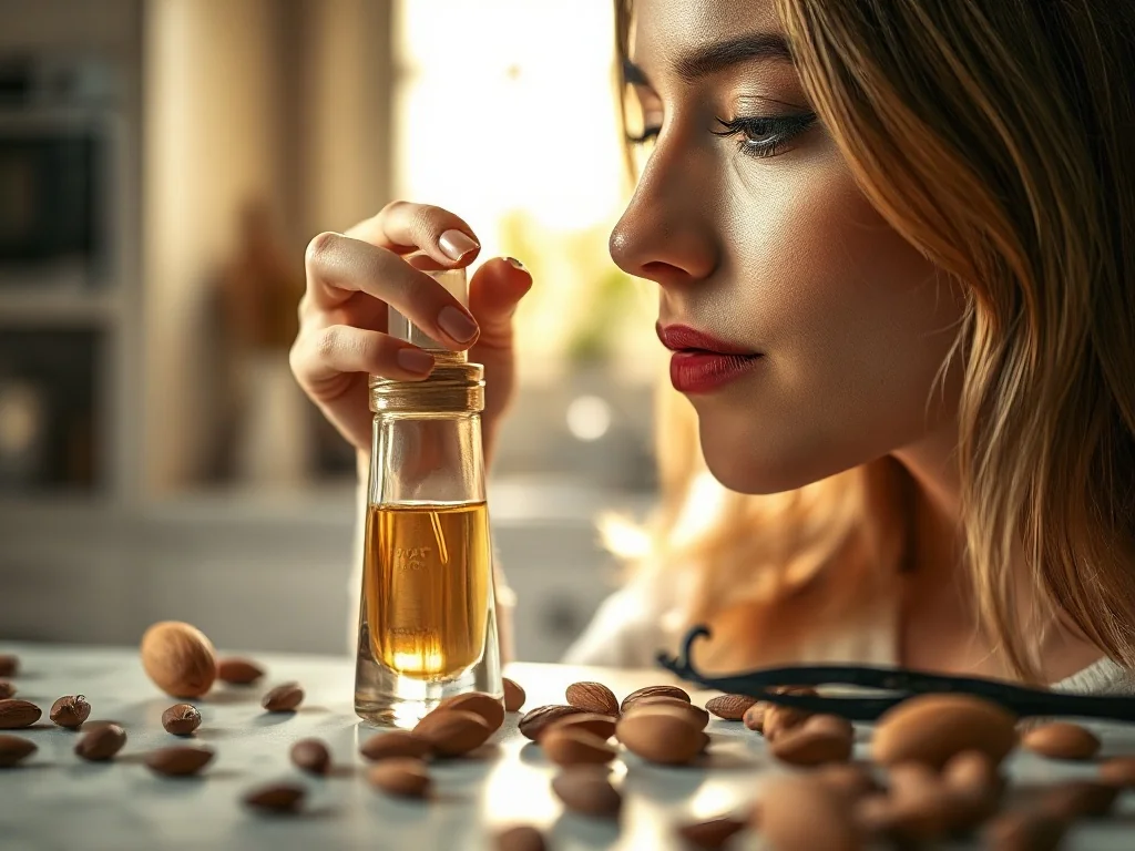 Kobieta wąchająca perfumy w otoczeniu ziaren kakao, wanilii i migdałów, podkreślająca słodki charakter zapachów gourmand.