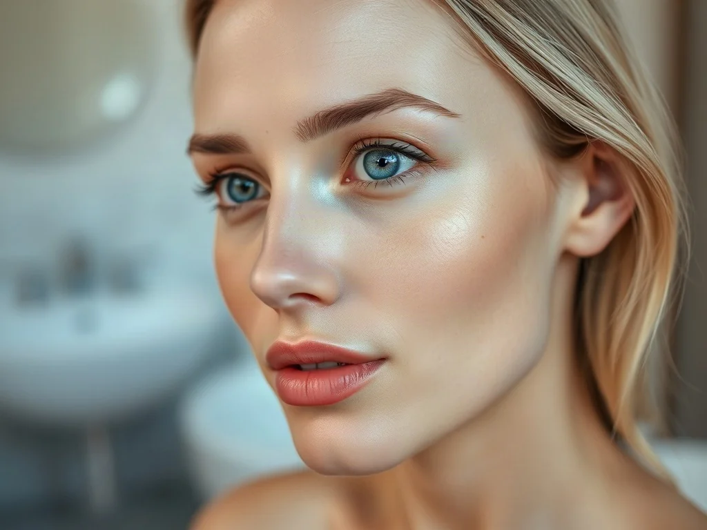 Zbliżenie na twarz kobiety z idealnie gładką, promienną i nawilżoną cerą typu glass skin w jasnym, minimalistycznym wnętrzu.