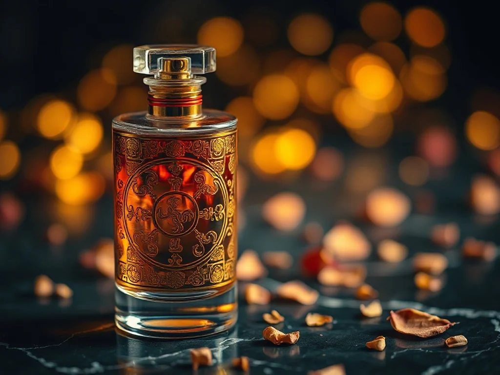 Elegancki flakon arabskich perfum ze złotymi zdobieniami na marmurowym blacie w otoczeniu płatków róż i nastrojowego światła.